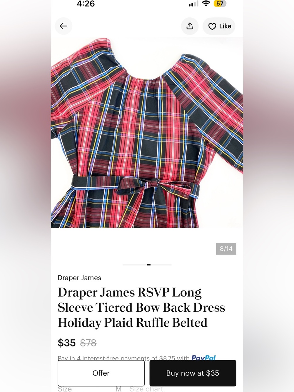 Draper James RSVP Long Sleeve Tiered Bow Back Dress Holiday Plaid Ruffle Belted - Picture 4 of 11